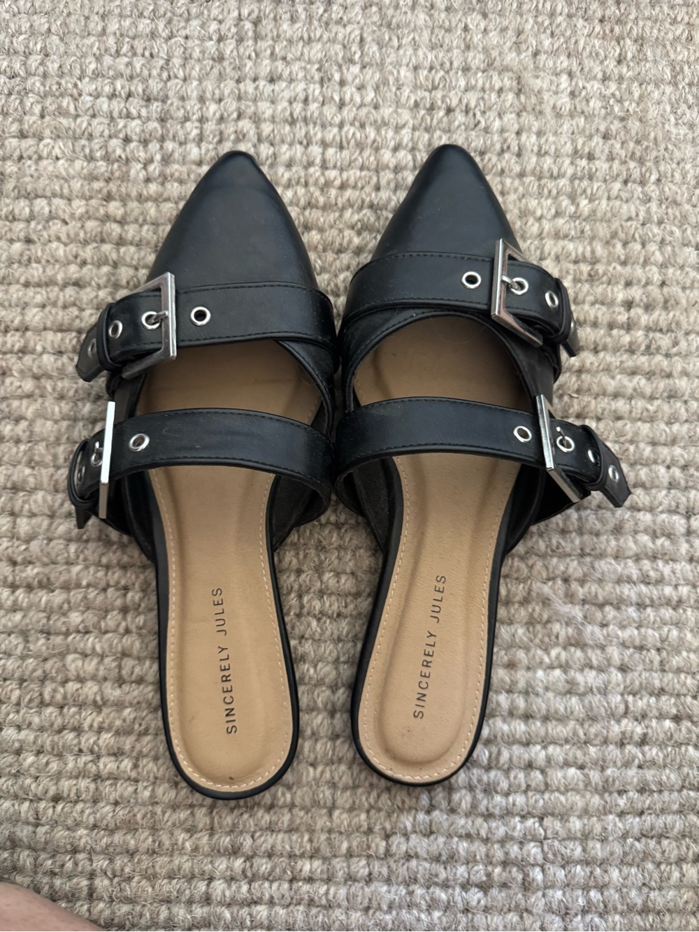Sincerly Jules Black Pointed Double-Buckle Mules